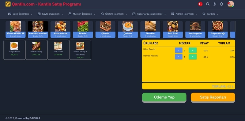 Kiosk ve bilgisayarda açık olan E-Temas kantin satış programında kategori bazlı ürün seçimi ve ürün görseline tıklayarak sepete ekleme işlemi gösteriliyor.