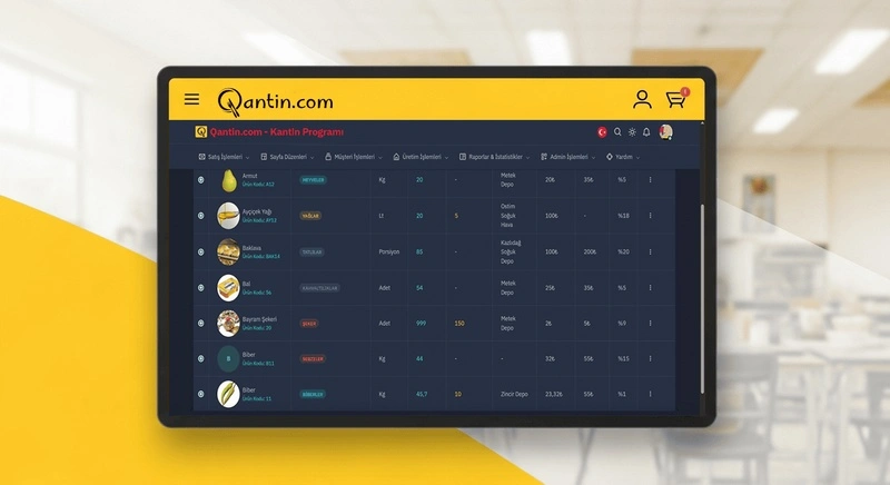 Tablette açık olan E-Temas okul kantin programı arayüzünde stok hareketleri ve ürün detay ekranı görüntüleniyor.